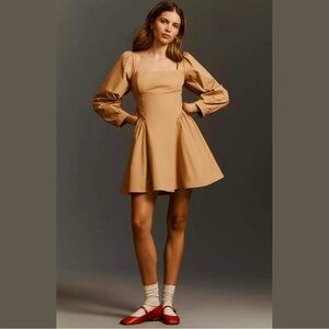 By Anthropologie Long-Sleeve Square-Neck Poplin Mini Dress